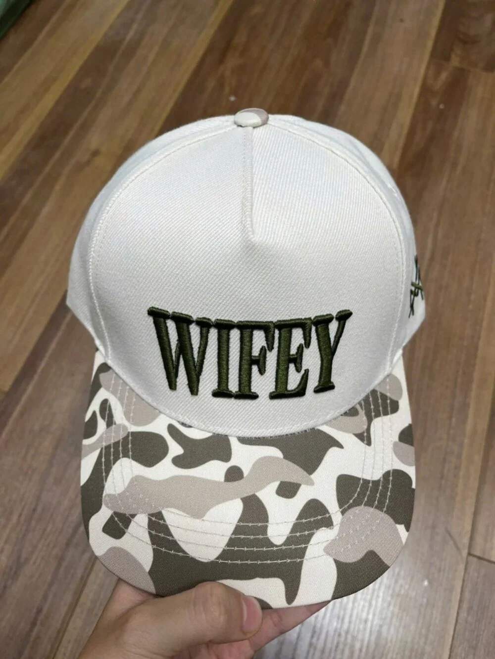 Wifey Embroidered Snapback Hat – Cream Crown Camo Flat Brim Cap with Olive Green